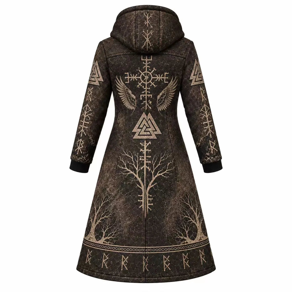 Brown Beige Rune Print Longline Hooded Fleece Coat