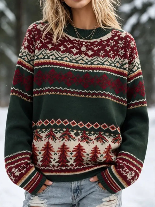 Women's Fair Isle Christmas Tree Snowflake Geometric Print Knit Sweatshirt