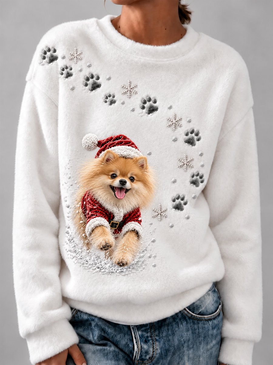 Women’s Cute Christmas Pomeranian-Print Comfy Flannel Sweatshirt