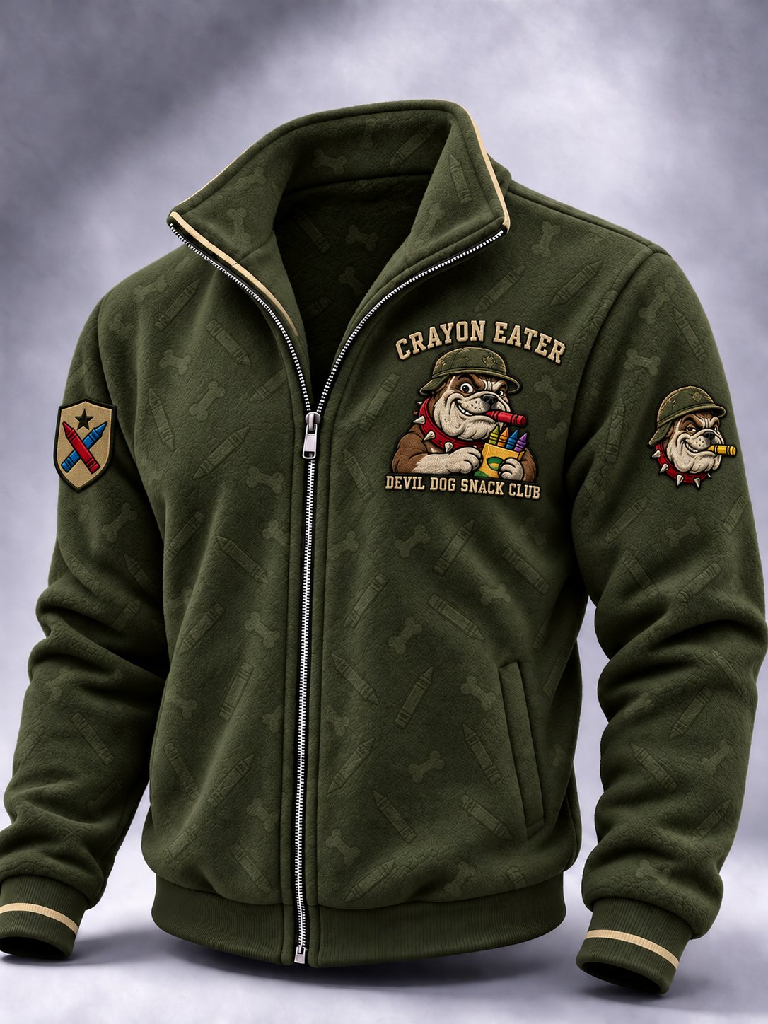 Men's Vintage U.S Veteran Art Print Zip-Up Stand Collar Jacket