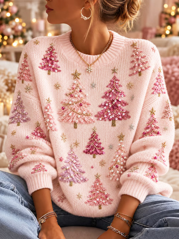 Women's Sequin Beaded Christmas Tree Print Knit Sweater