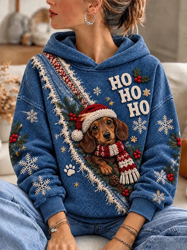 Women's Christmas Dachshund Snowflake HOHOHO Print Hoodie