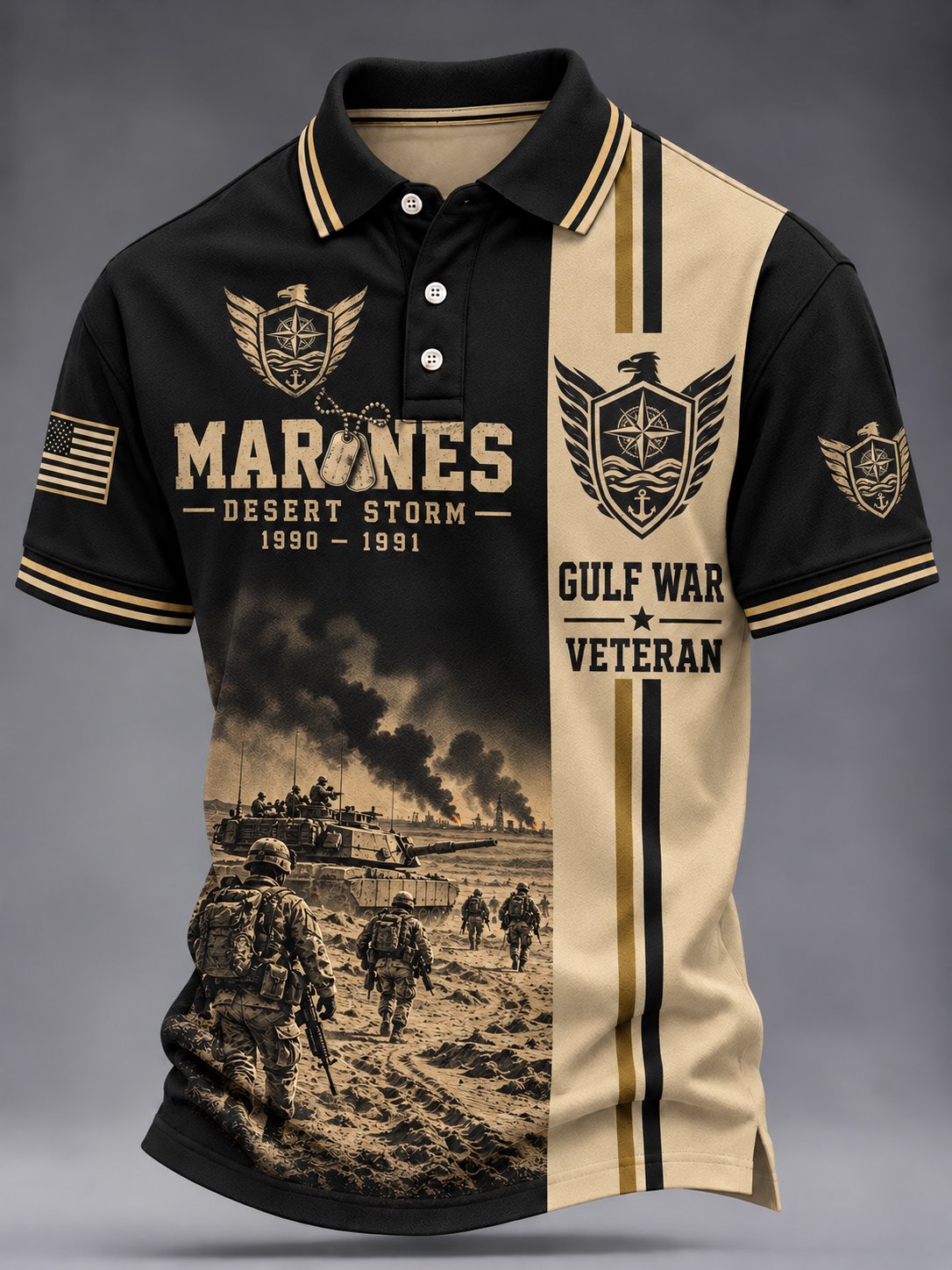 Men's Vintage Veteran Art Printed Polo Shirt