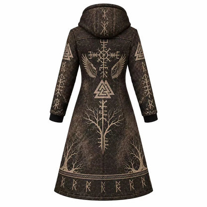 Brown Beige Rune Print Longline Hooded Fleece Coat