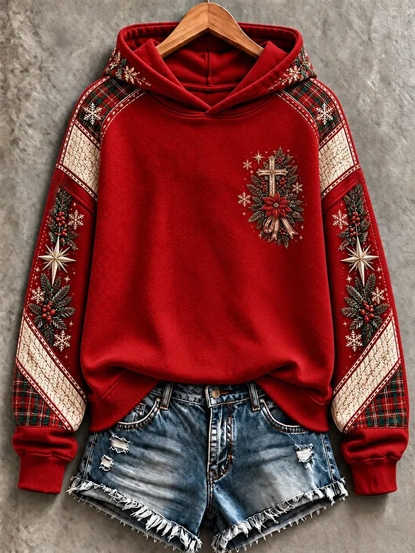 Women's Christmas Poinsettia Cross Print Casual Hoodie