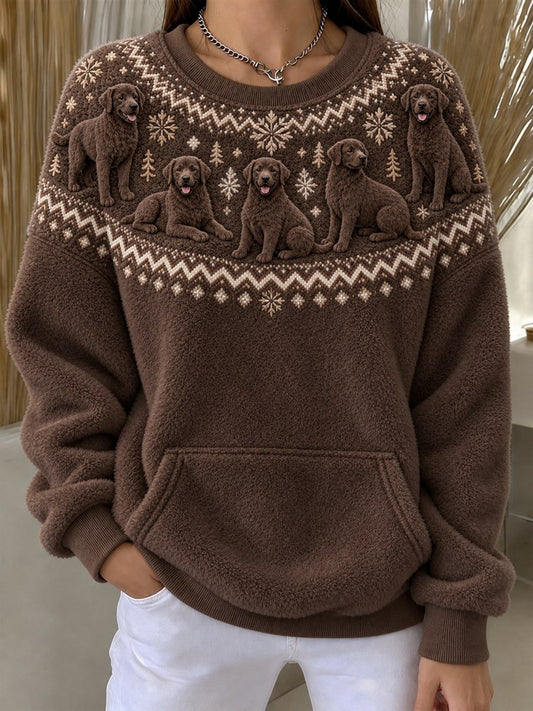 Women's Vintage Chocolate Labrador Dogs Yoke Isle Pattern Print Flannel Sweatshirt