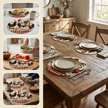 Farmhouse Rooster Round Placemat – Rustic Chicken Kitchen Table Decor