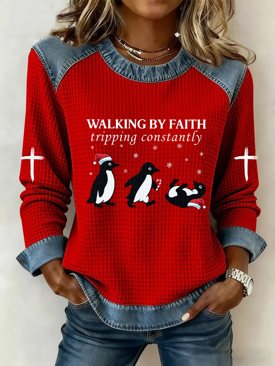 Women's Funny Christmas Goose Walking By Faith Tripping Constantly Print Casual Sweatshirt