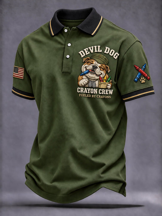 Men's Vintage Devil Dog Veteran Art Printed Polo Shirt
