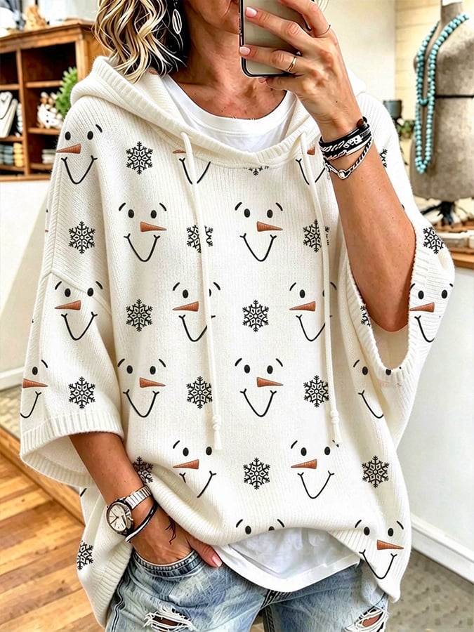 Women's Casual Loose-Fit Sweatshirt with Christmas Snowman Print