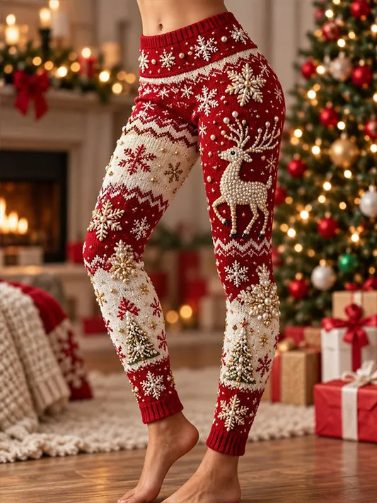 Women's Pearl Reindeer Snowflake Christmas Tree Art Print Leggings