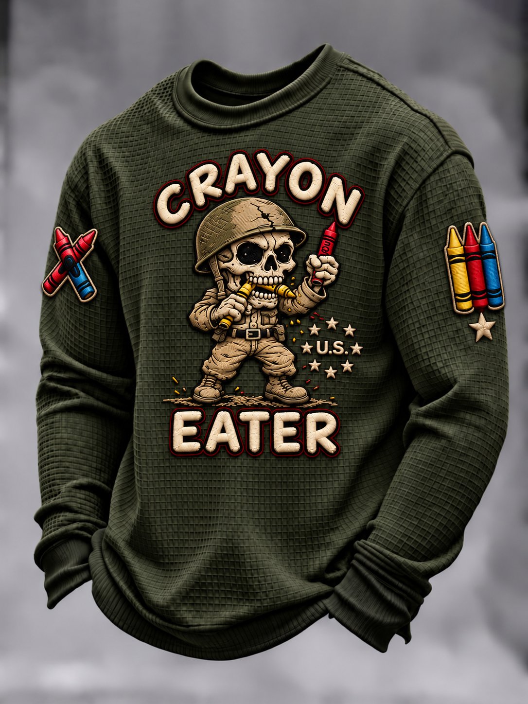 Men's Vintage Crayon Eaters Art Printed Waffle-Knit T-Shirt