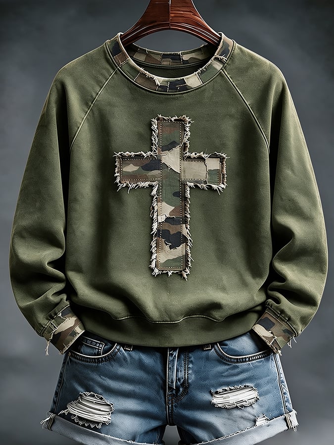 Faith Cross Camouflage Patchwork Print Casual Sweatshirt