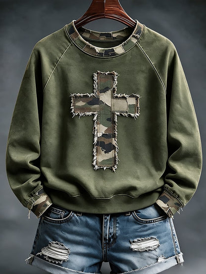 Faith Cross Camouflage Patchwork Print Casual Sweatshirt