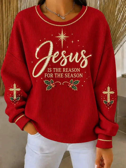 Women's Jesus Is The Reason For The Season Cross Holly Print Casual Ribbed Sweatshirt