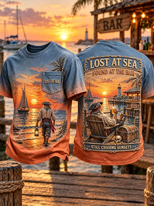 Men’s Lost at Sea Found at the Bar Sunset Pirate Graphic Pocket T-Shirt