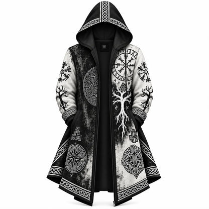 Black White Viking Rune Tree Zip-Up Hooded Jacket