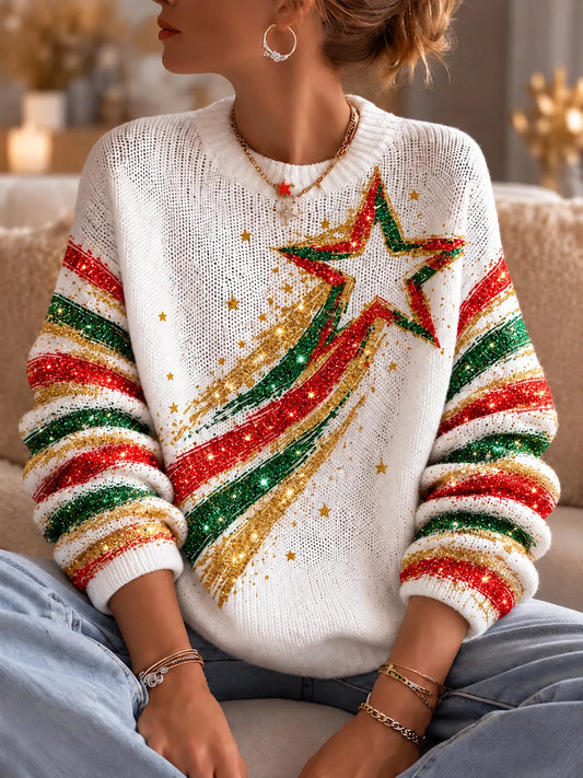 Women's Glitter Shooting Star Christmas Art Print Knit Sweater