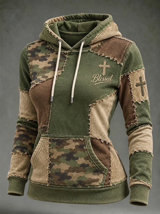 Women's Retro Camouflage Cross Pattern Patchwork Print Casual Hooded Sweatshirt