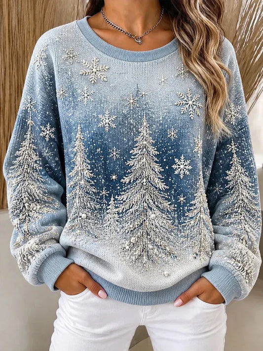 Women's Gradient Christmas Pine Tree Snowflake Print Knit Sweater