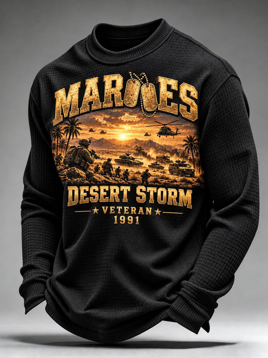 Men's Vintage Veterans Art Printed Waffle-Knit Top