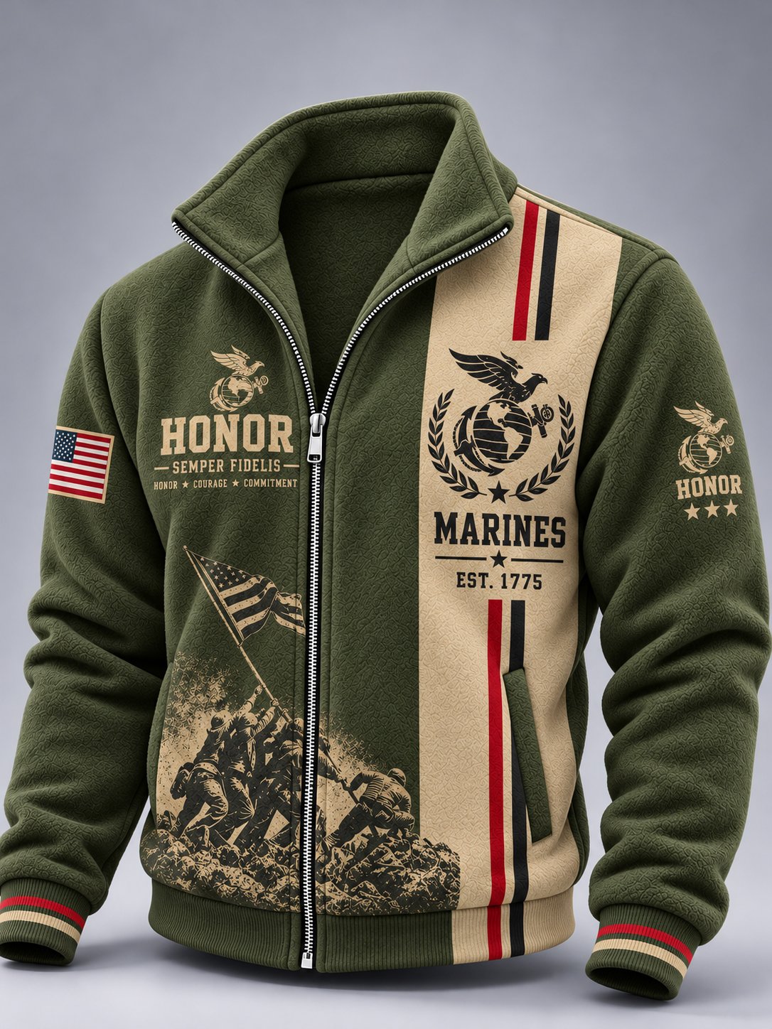 Men's Veterans Marines  Art Print Zip-Up Stand Collar Jacket