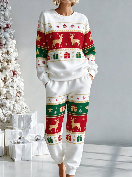 Women's Christmas Reindeer and Gift Box Print Sweatshirt Casual Pants Matching Set