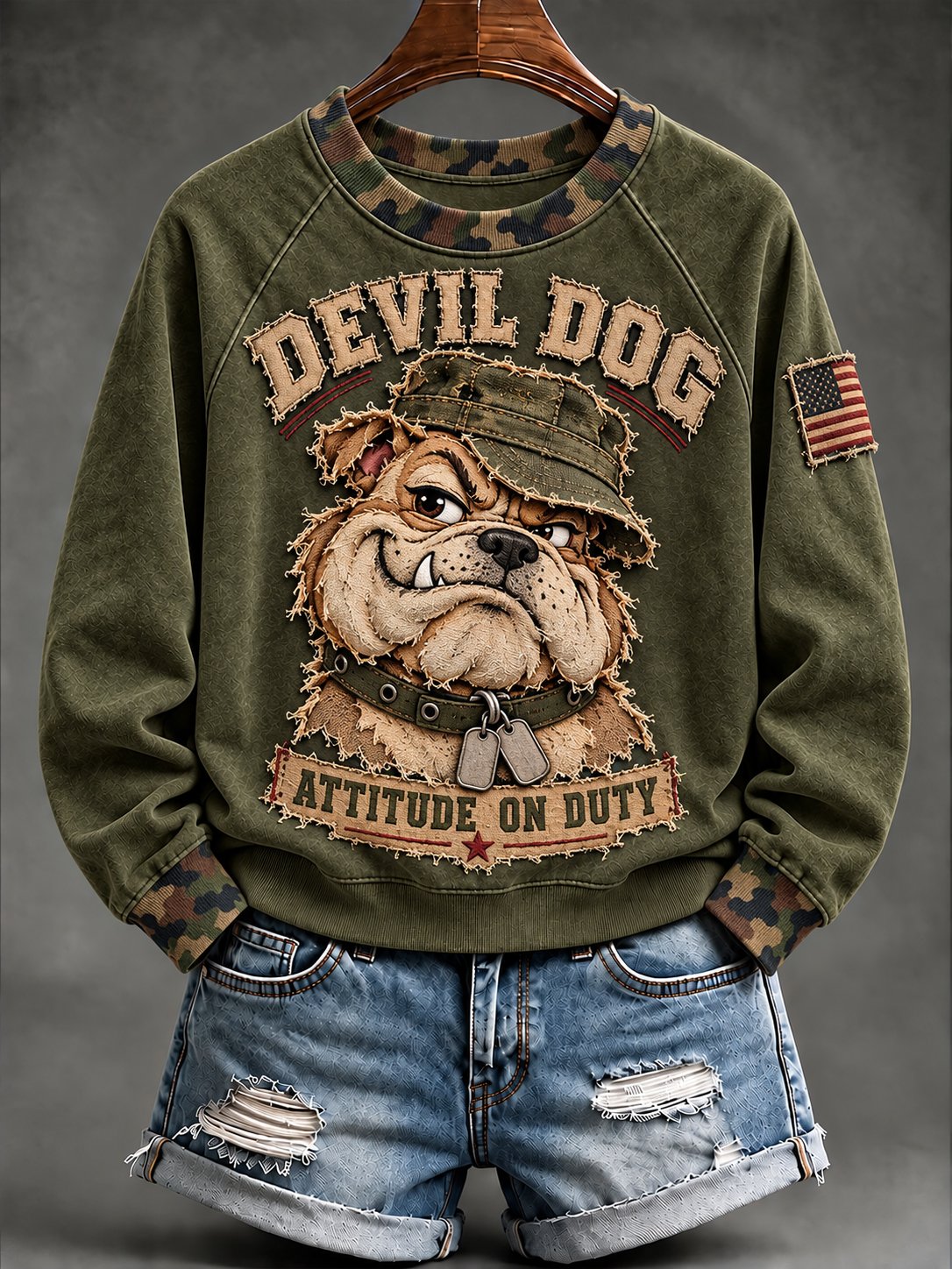 Women's Vintage Devil Dog Art Printed Round Neck Hoodie