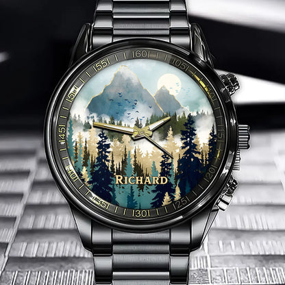 Golden Forest Serenity Watch – Personalized Name on Artistic Scenic Dial