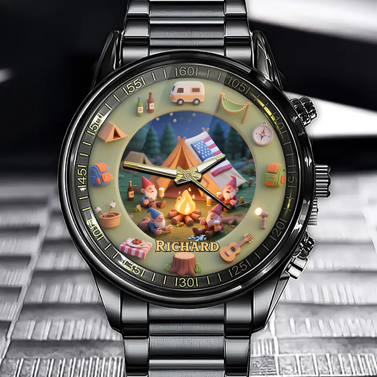 Personalized Camping Gnomes Watch - Add Your Name to This Charming Adventure Scene