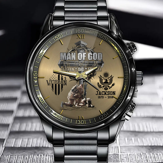 Man Of God Veteran Dad Papa Personalized Watch For Father Veteran Grandpa