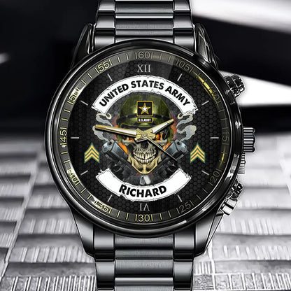 Custom Veteran Skull Watch - Personalized Branch, Rank, and Name