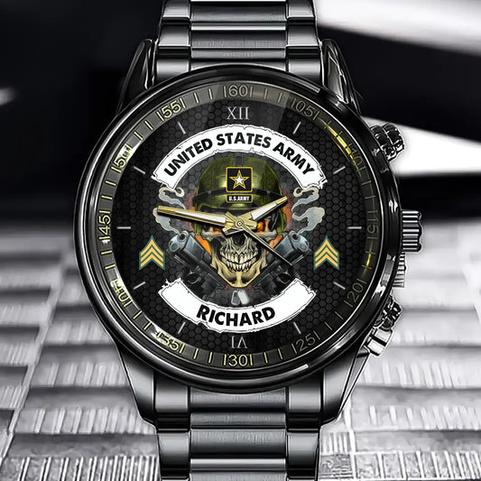 Custom Veteran Skull Watch - Personalized Branch, Rank, and Name