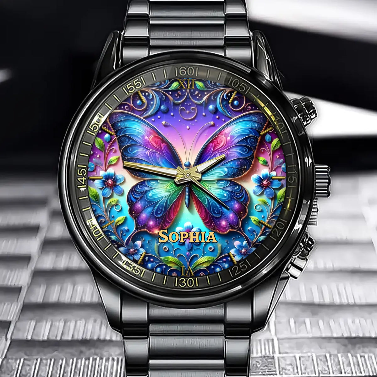 Personalized Butterfly and Flowers Watch - Add Your Name to the Dreamy Design