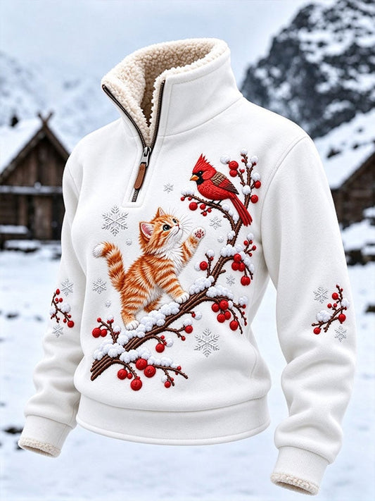 Women’s Casual Christmas-Themed Long-Sleeve Sweatshirt with Faux Fur Collar Trim
