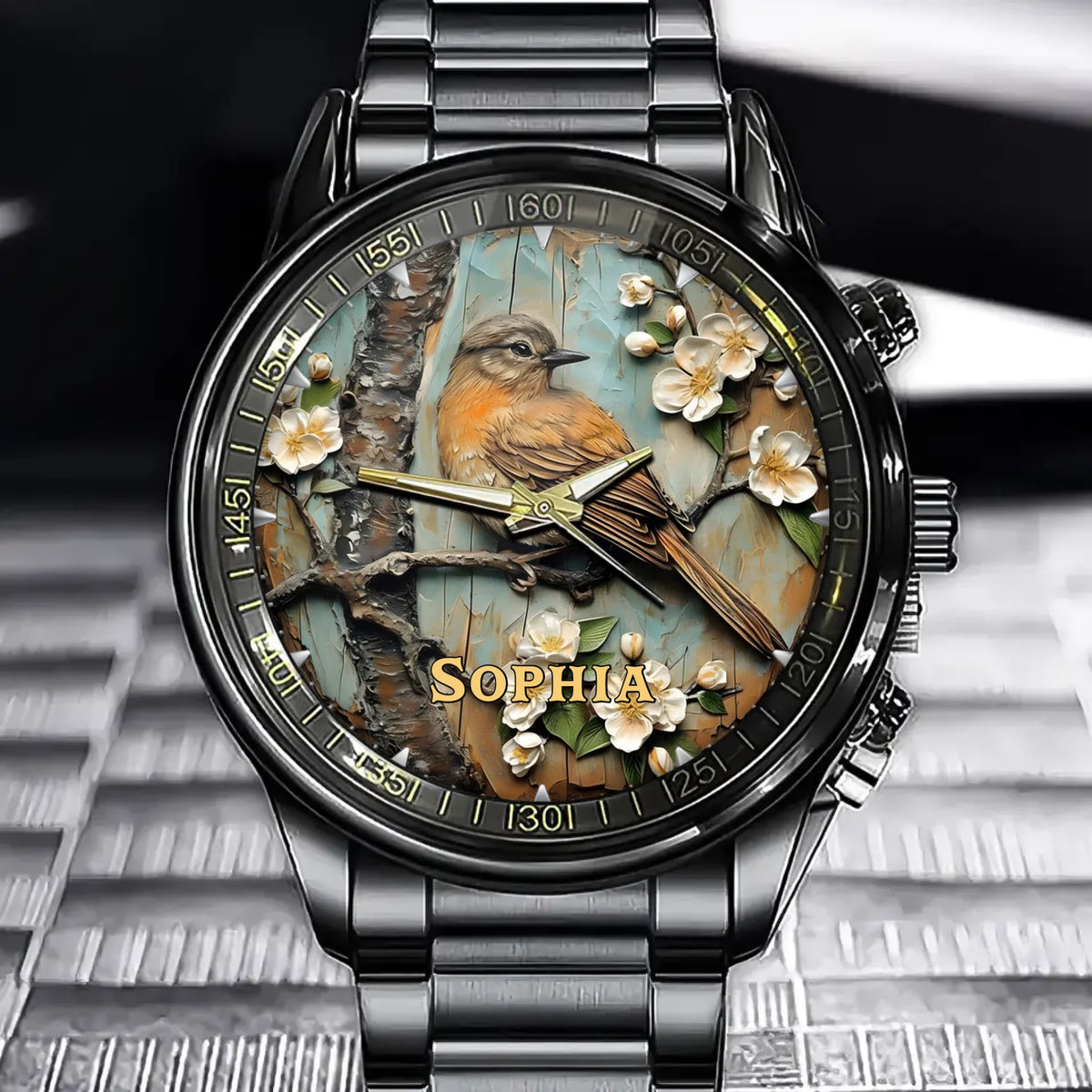 Personalized Wooden Bird-Shaped Watch - A Custom-Made Piece That Blends Floral And Textured Wood Veneer Design