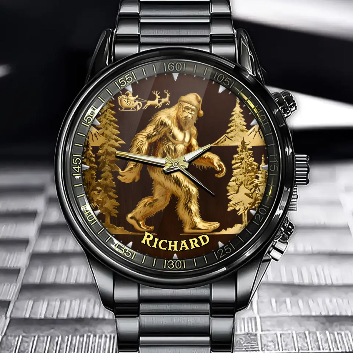 Personalized Christmas Bigfoot Watch - Custom Name, Distinctive Forest & Cryptid Timepiece