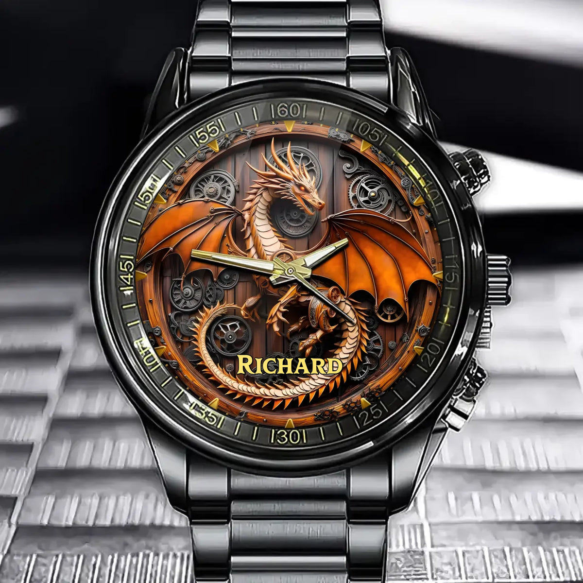 Personalized Steampunk Gear Dragon Watch - Elaborate Dragon Design with Custom Name