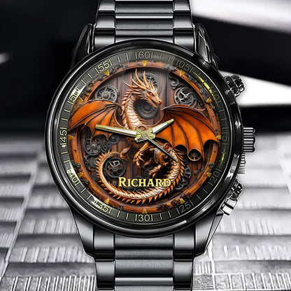 Personalized Steampunk Gear Dragon Watch - Elaborate Dragon Design with Custom Name