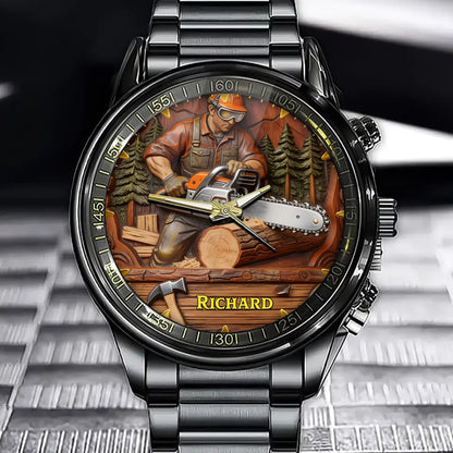 Personalized Chainsaw Logging Watch - Tailor-Made For Loggers And Features A Custom Name