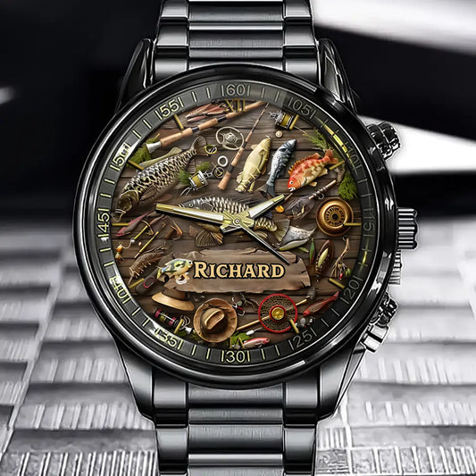 Personalized Angler’s Dream Watch – Add Your Name, Realistic Tackle Art
