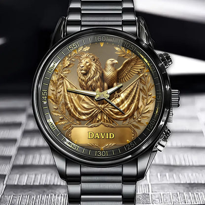 Custom Watch Featuring Lion and Eagle with Personalized Dual Flags for British Americans
