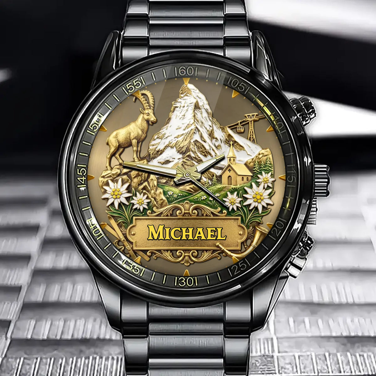 Personalized Alpine Mountain Glory Watch – Custom Name For Outdoor Enthusiasts