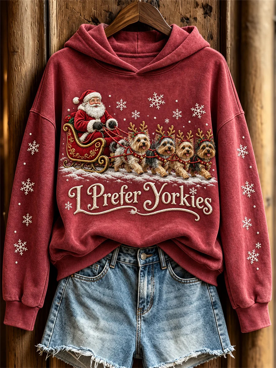 Women's Christmas I Prefer Yorkies Santa Claus & Dogs Print Hoodie