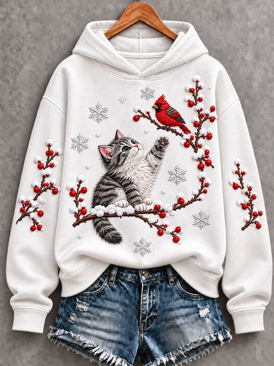 Women's Christmas Cardinal and Cat Printed Hoodie