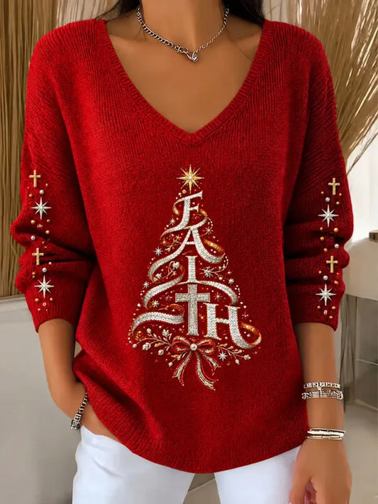 Women's Faith Christmas Tree Cross Star Print Knit V Neck Sweatshirt