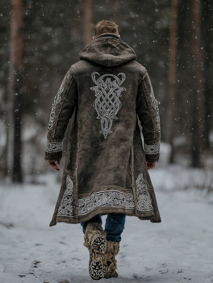 Men's Viking Tribal Totem Vintage Washed Print Fleece-Lined Hooded Jacket