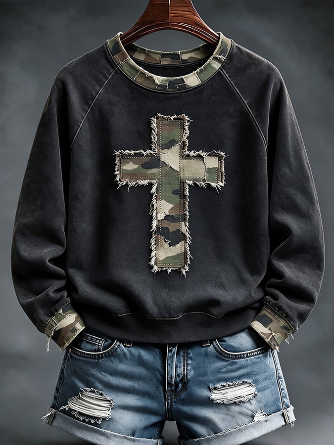 Faith Cross Camouflage Patchwork Print Casual Sweatshirt