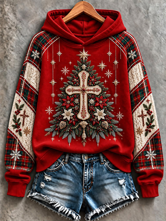 Women's Christmas Cross and Pine Tree Print Casual Hoodie