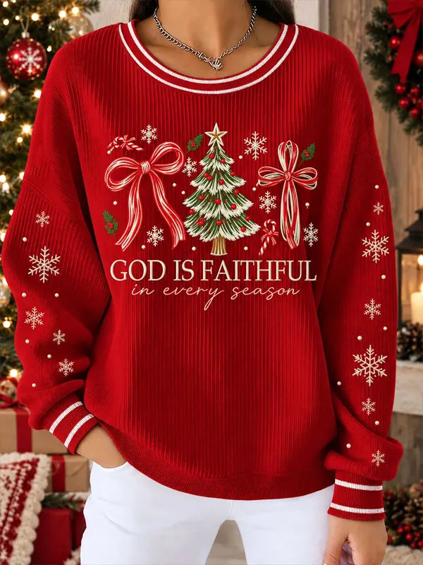 Women's God Is Faithful Christmas Tree Bow Snowflake Print Casual Ribbed Sweatshirt